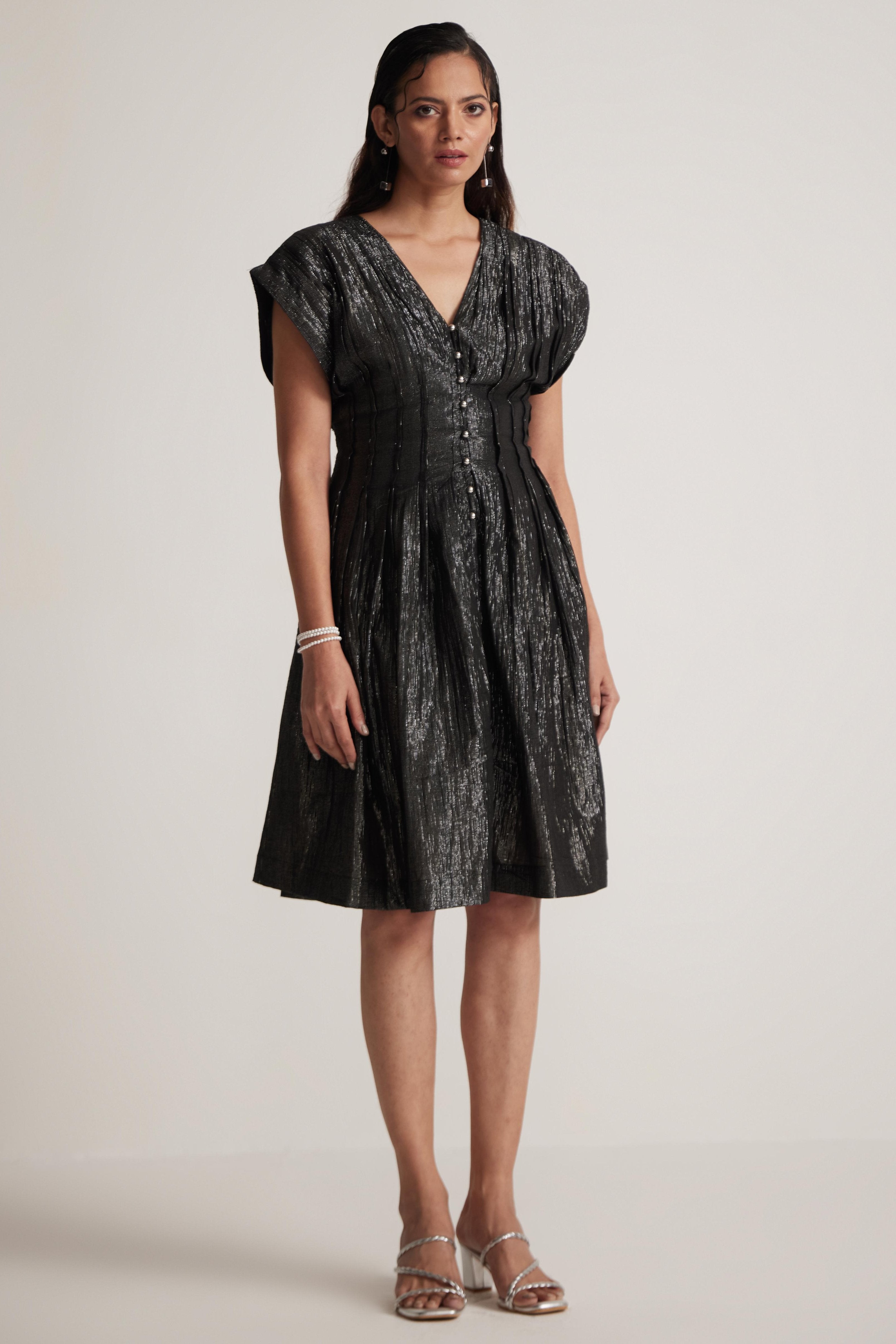 Black lurex Event Wear V- Neck Dress With Front Pin Tucks - Western Era  Dresses