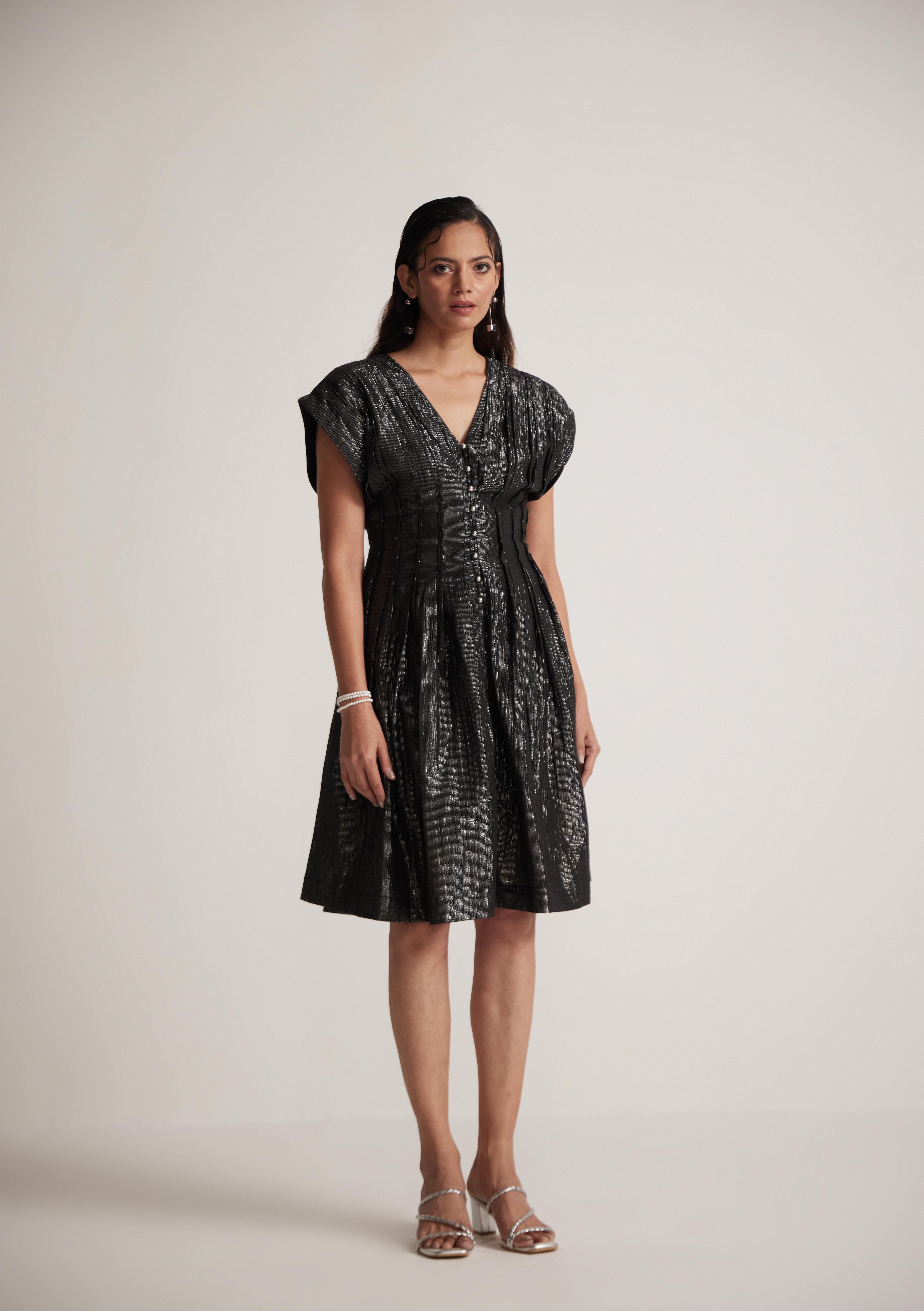 Black lurex Event Wear V- Neck Dress With Front Pin Tucks - Western Era  Dresses