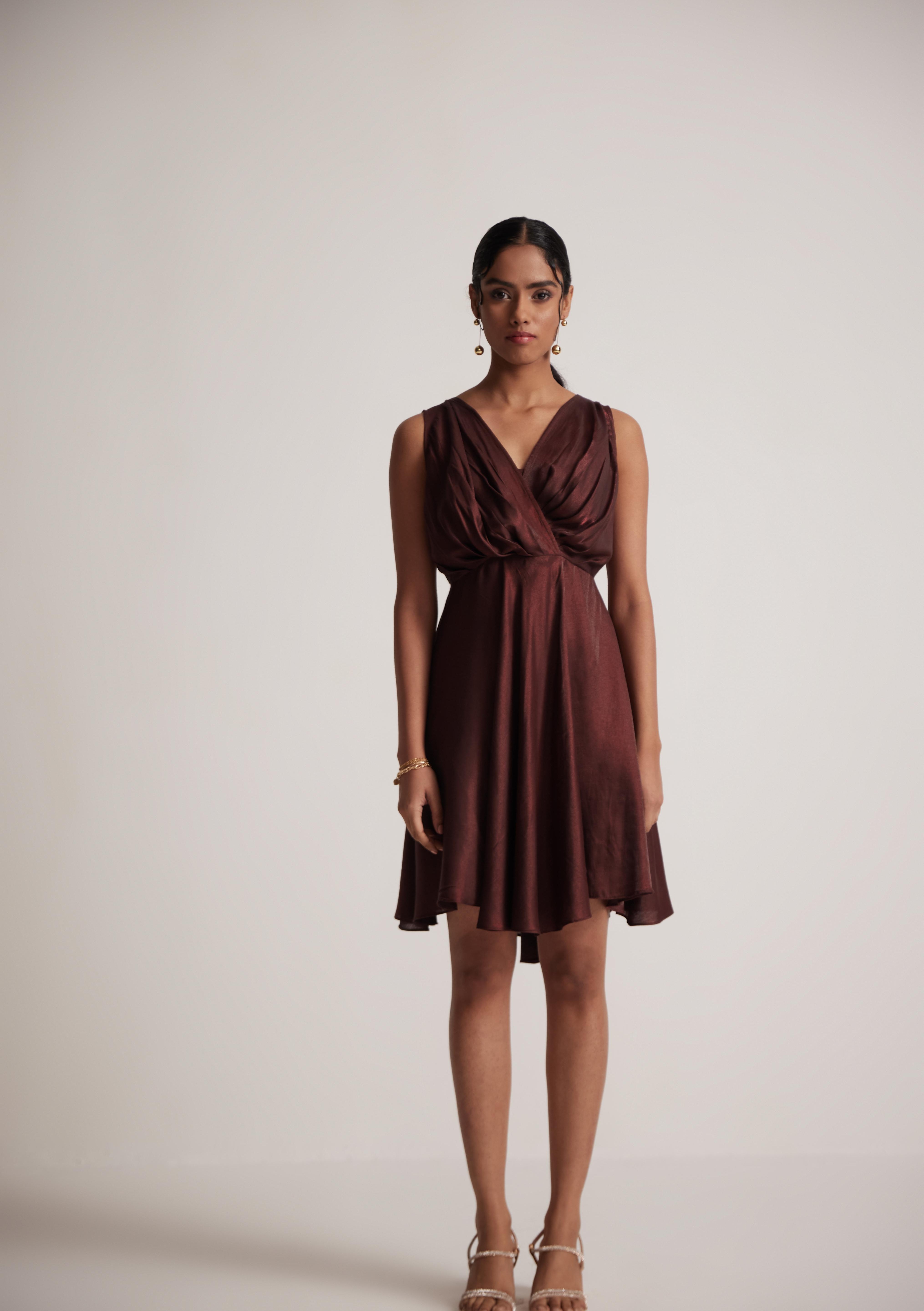 Wine Red Party Wear Dress With Front Pleats - Western Era  Dresses