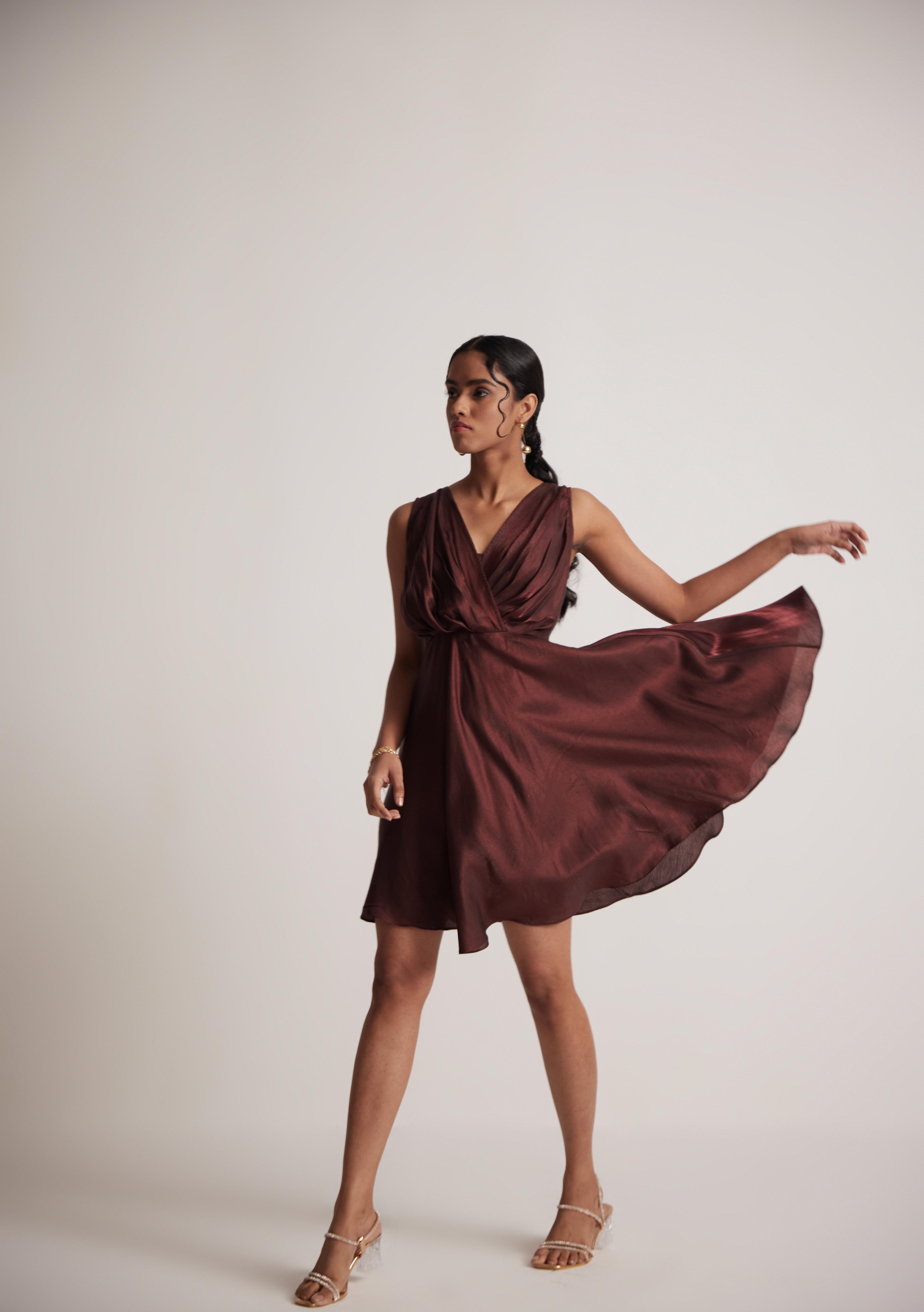 Wine Red Party Wear Dress With Front Pleats - Western Era  Dresses