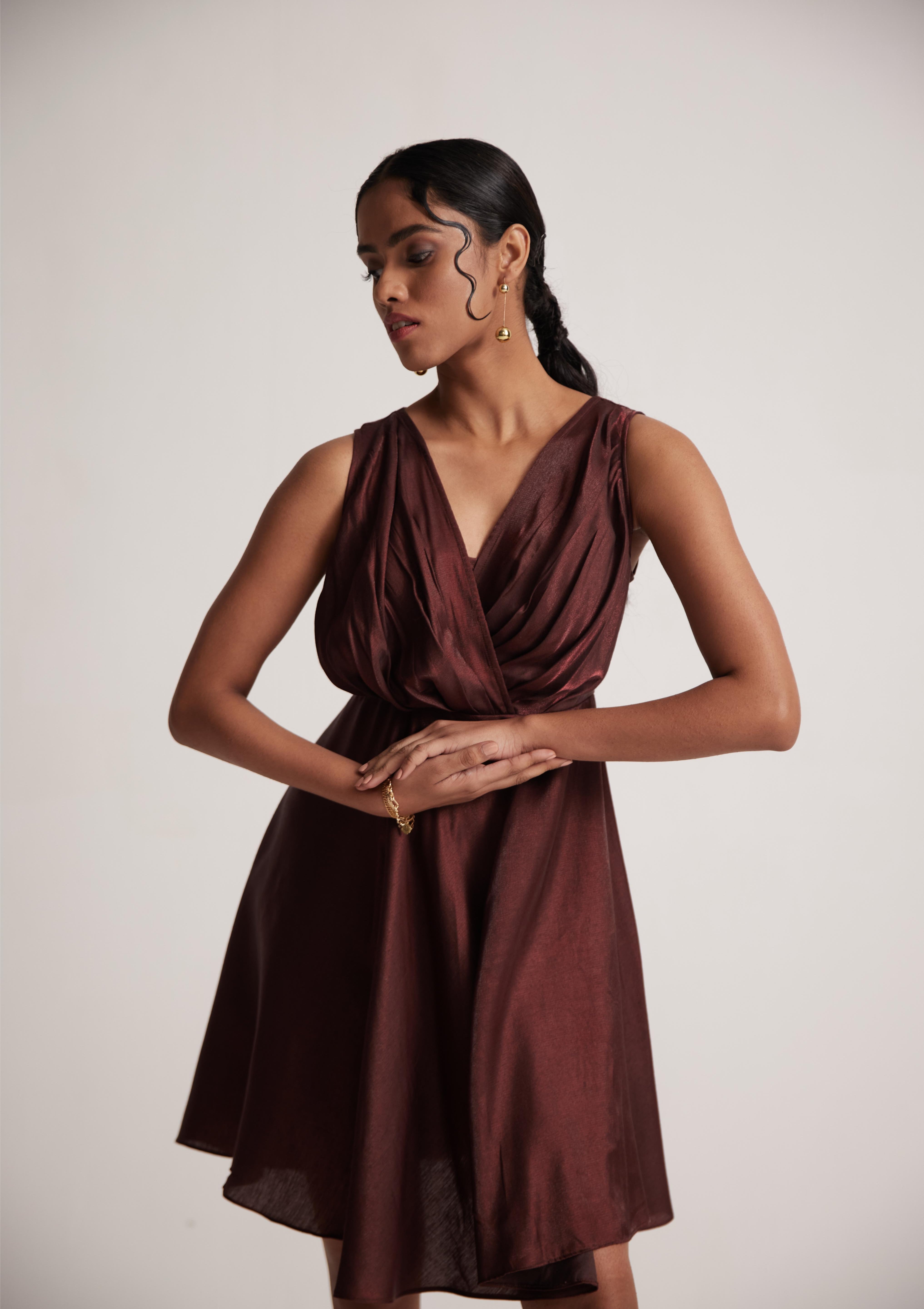 Wine Red Party Wear Dress With Front Pleats - Western Era  Dresses