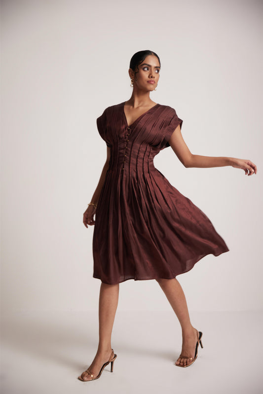 Wine Red Event Wear V- Neck Dress With Front Pin Tucks - Western Era  Dresses