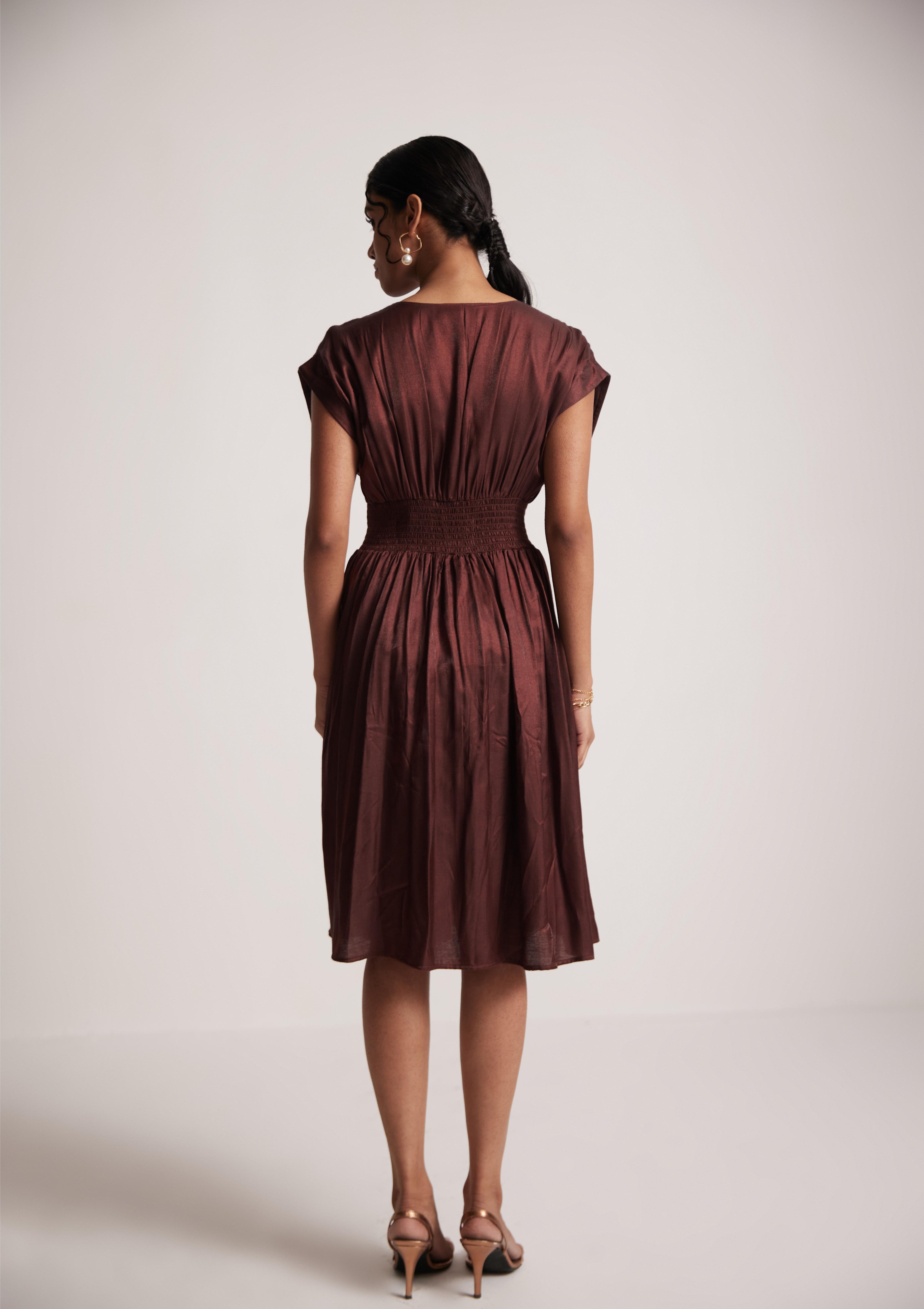 Wine Red Event Wear V- Neck Dress With Front Pin Tucks - Western Era  Dresses