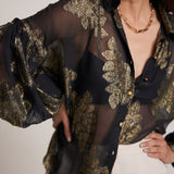 Gold Black Party Wear Shirt With Balloon Sleeves And Golden Buttons - Western Era  Tops