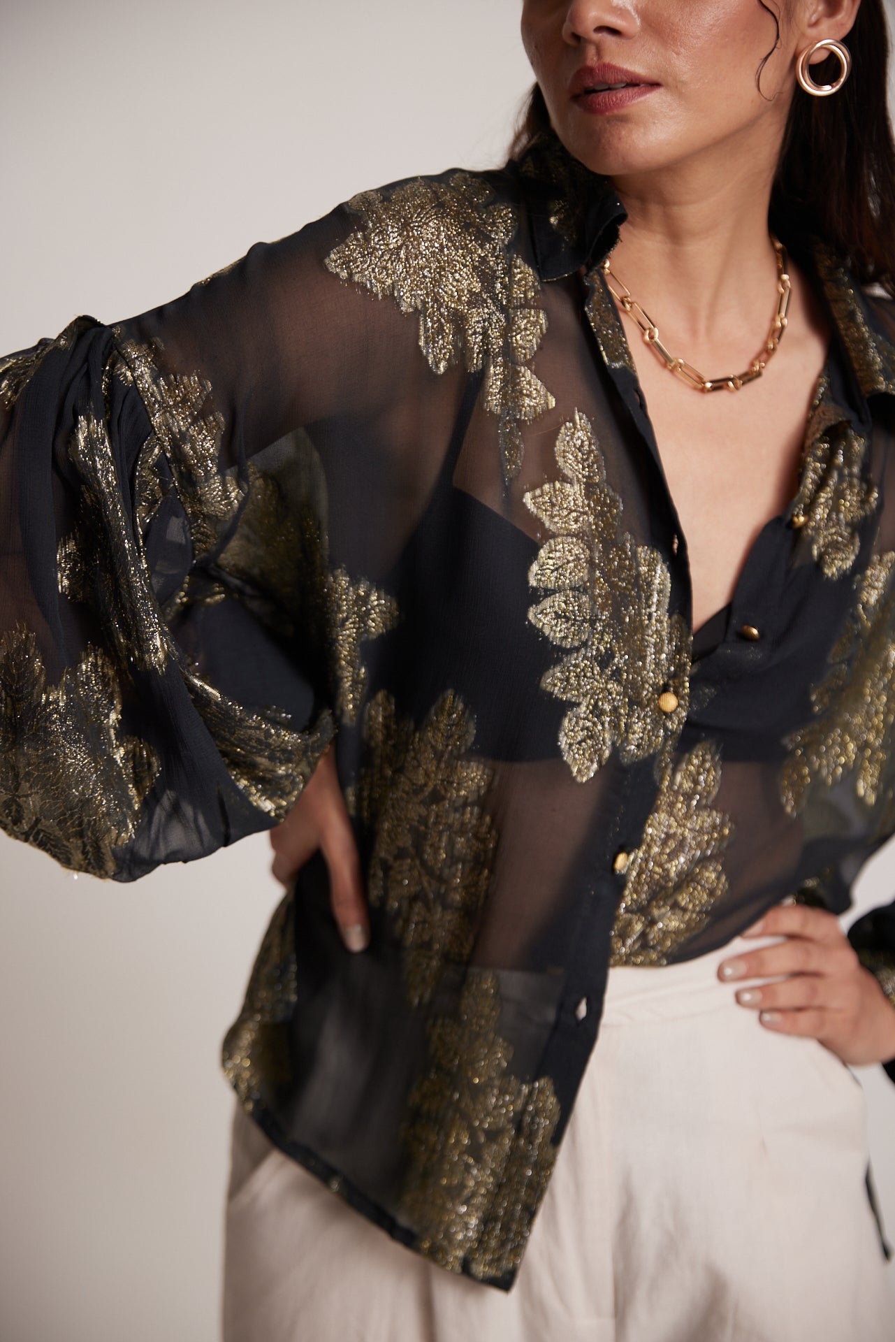 Gold Black Party Wear Shirt With Balloon Sleeves And Golden Buttons - Western Era  Tops