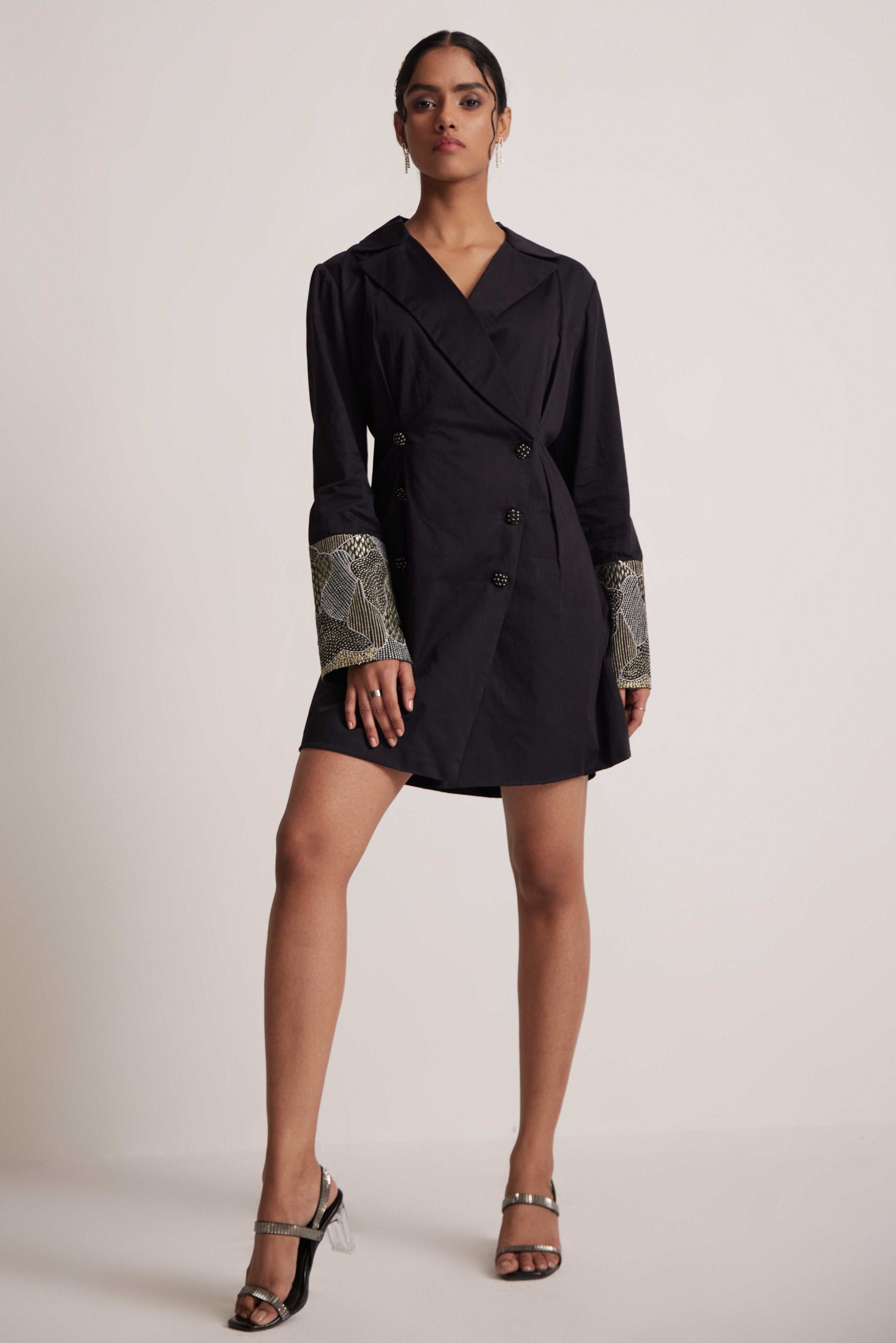 Black Dress Blazer with Zari Embroidered Cuff and Button - Western Era  Embroidery