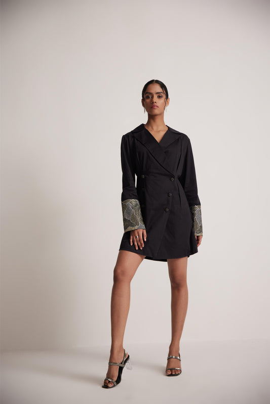 Black Dress Blazer with Zari Embroidered Cuff and Button - Western Era  Embroidery