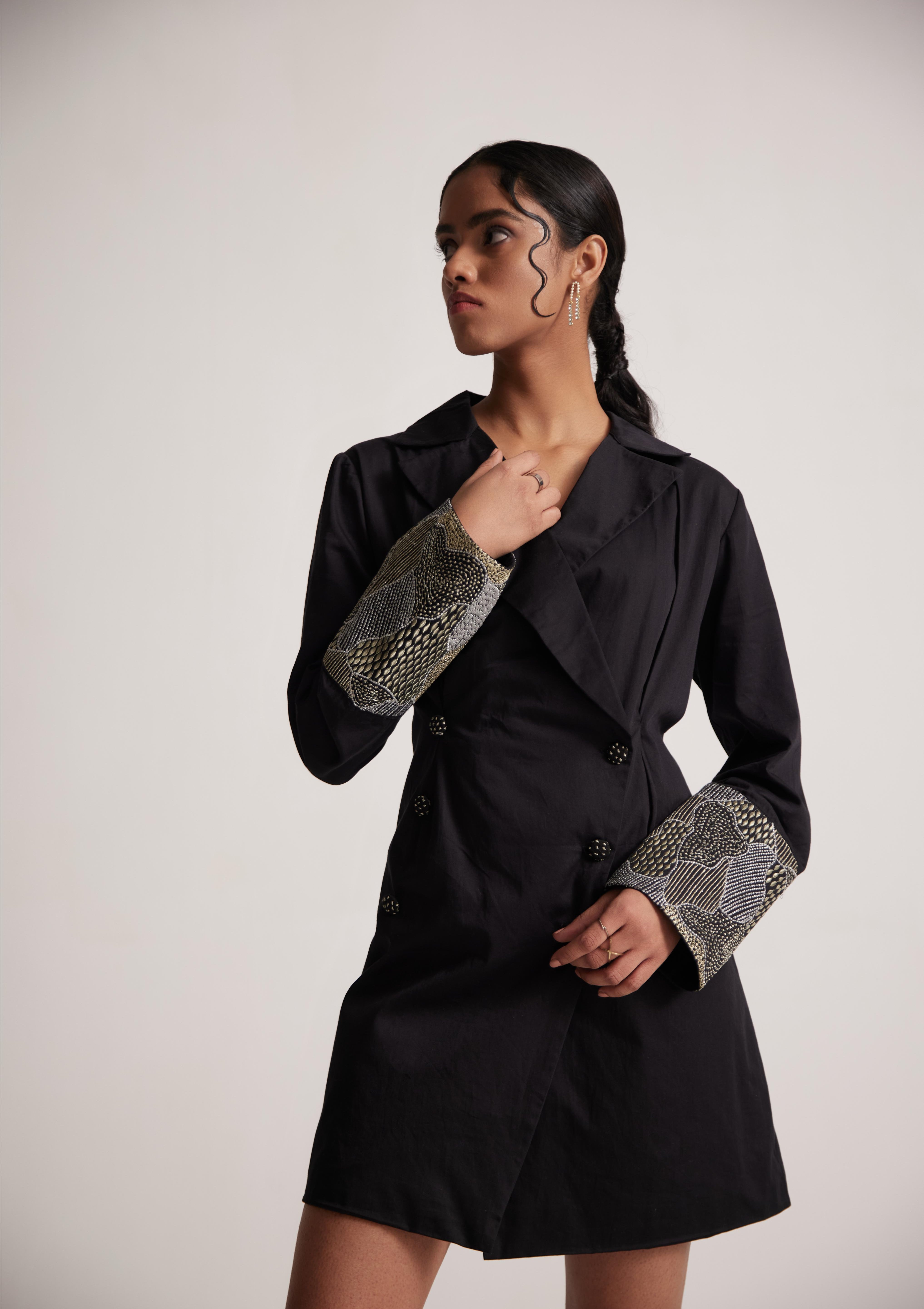 Black Dress Blazer with Zari Embroidered Cuff and Button - Western Era  Embroidery