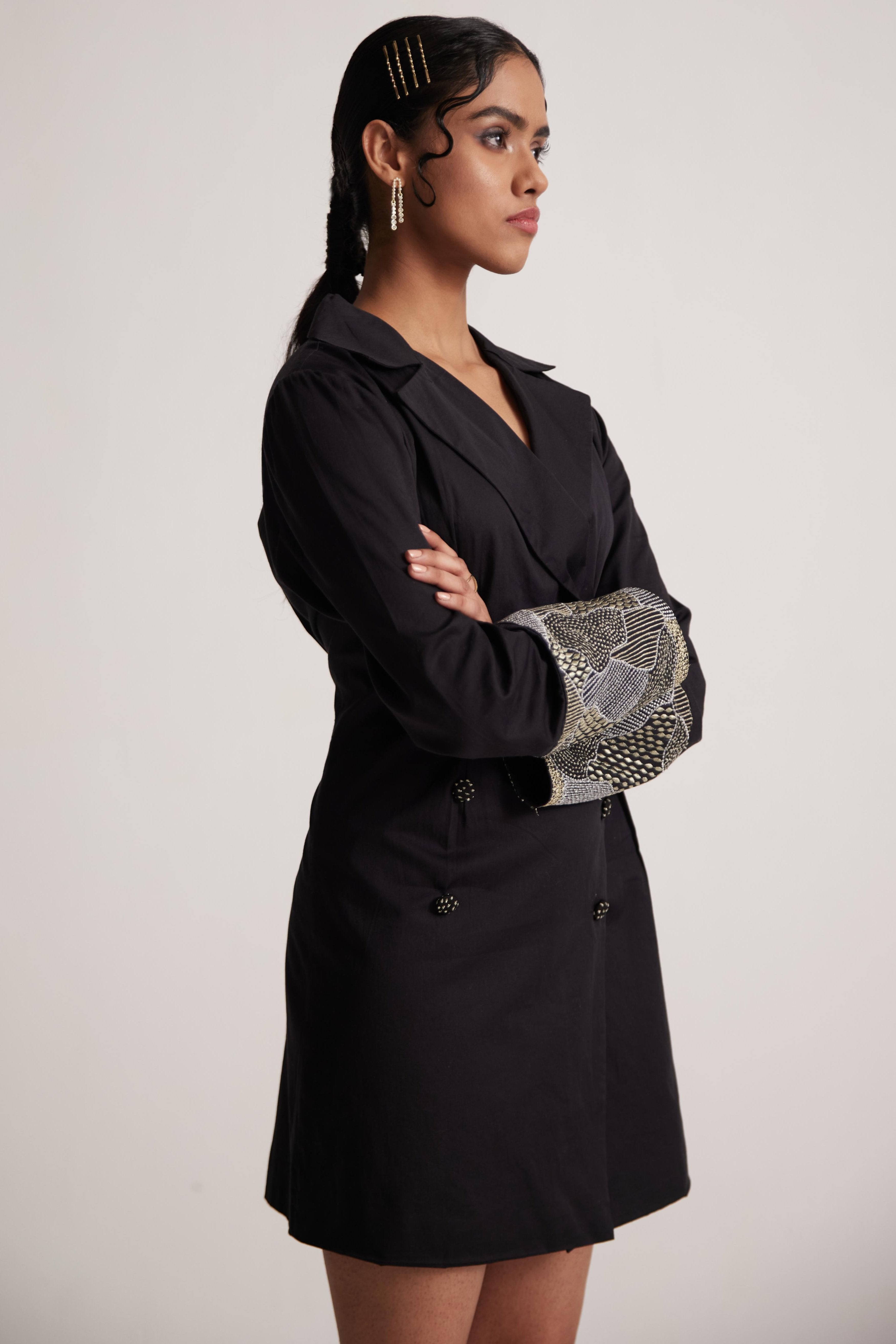 Black Dress Blazer with Zari Embroidered Cuff and Button - Western Era  Embroidery