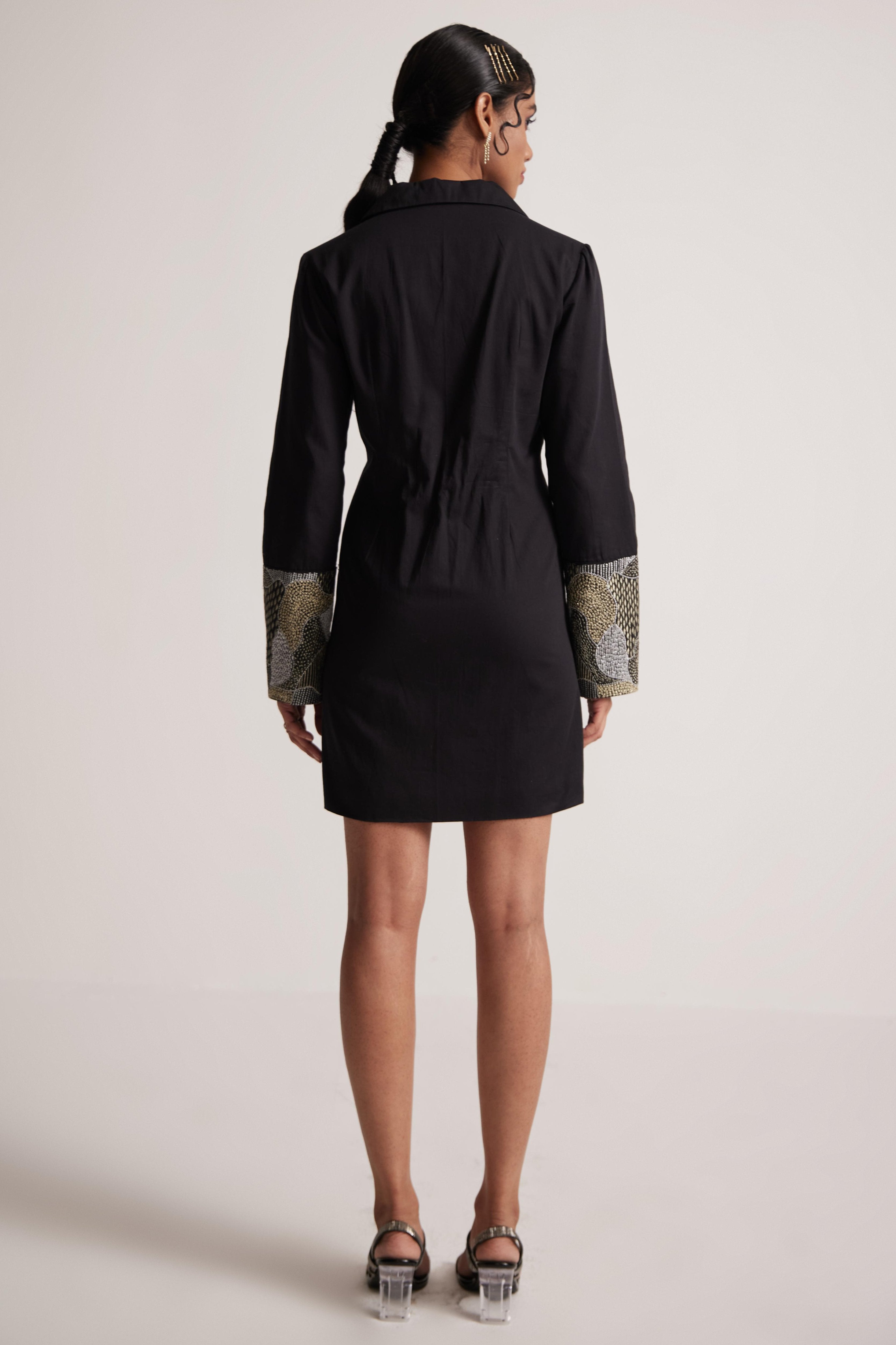 Black Dress Blazer with Zari Embroidered Cuff and Button - Western Era  Embroidery