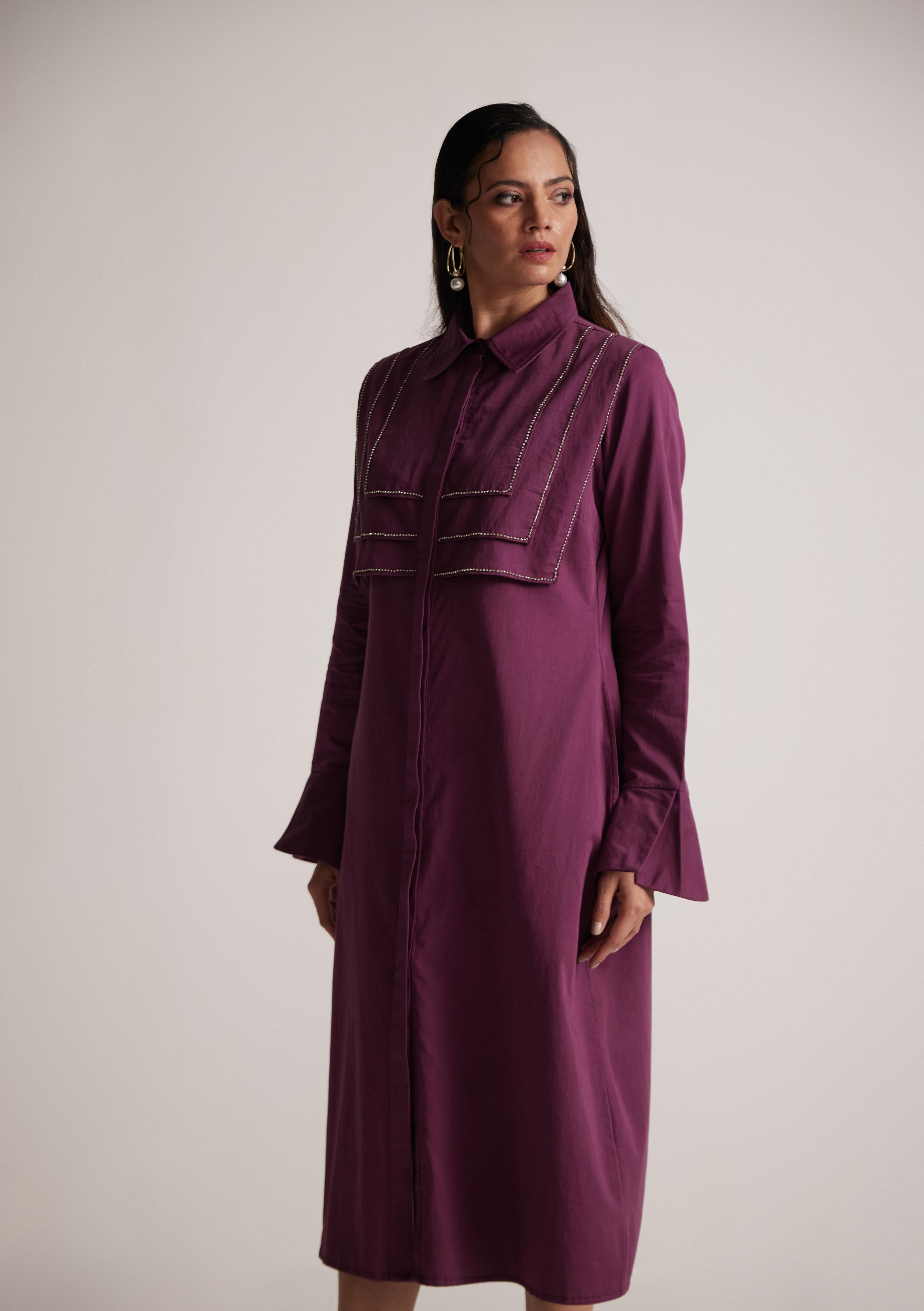 Purple Long Shirt Dress With Stone Chain On Layered Collar - Western Era  Dresses