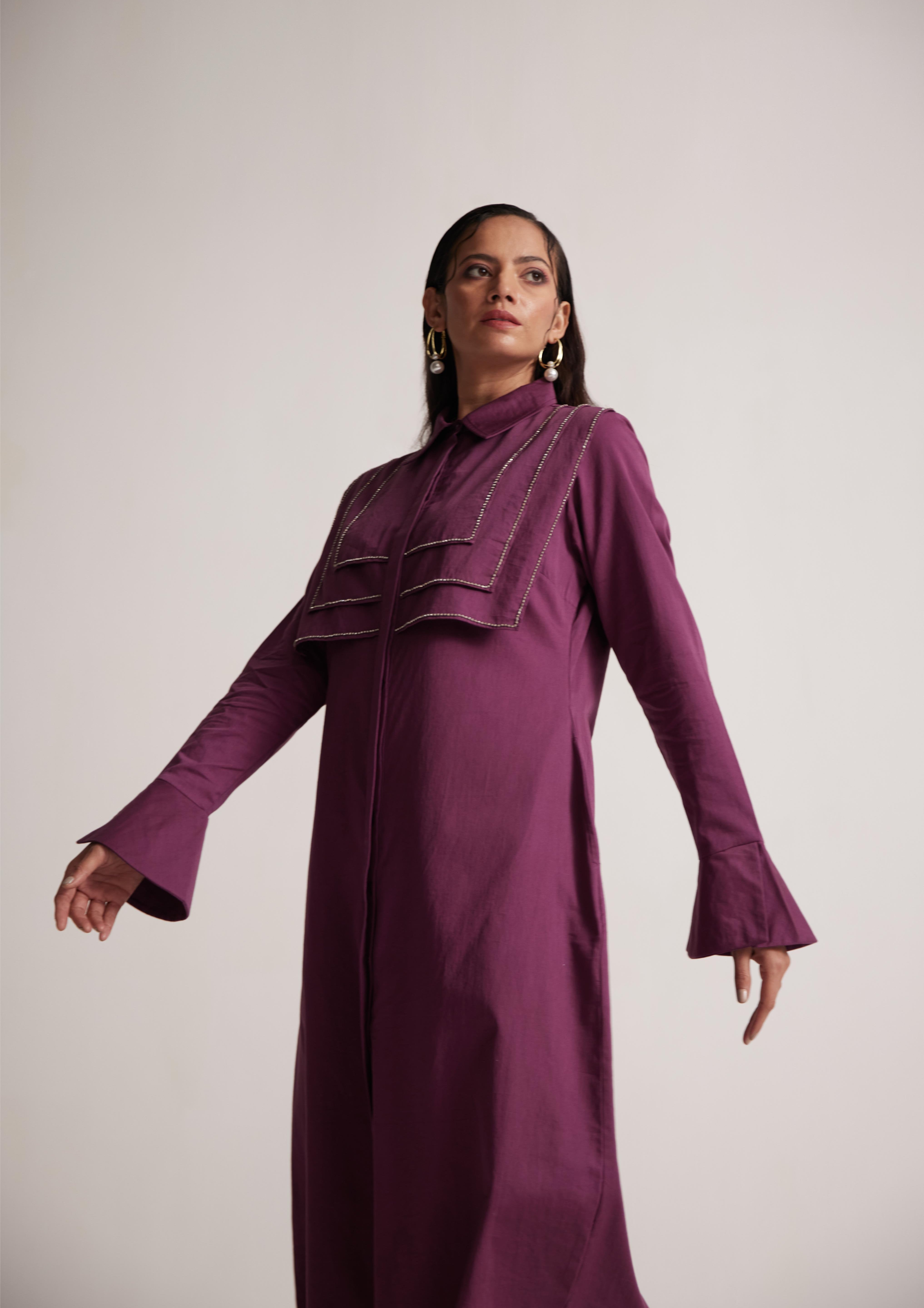 Purple Long Shirt Dress With Stone Chain On Layered Collar - Western Era  Dresses