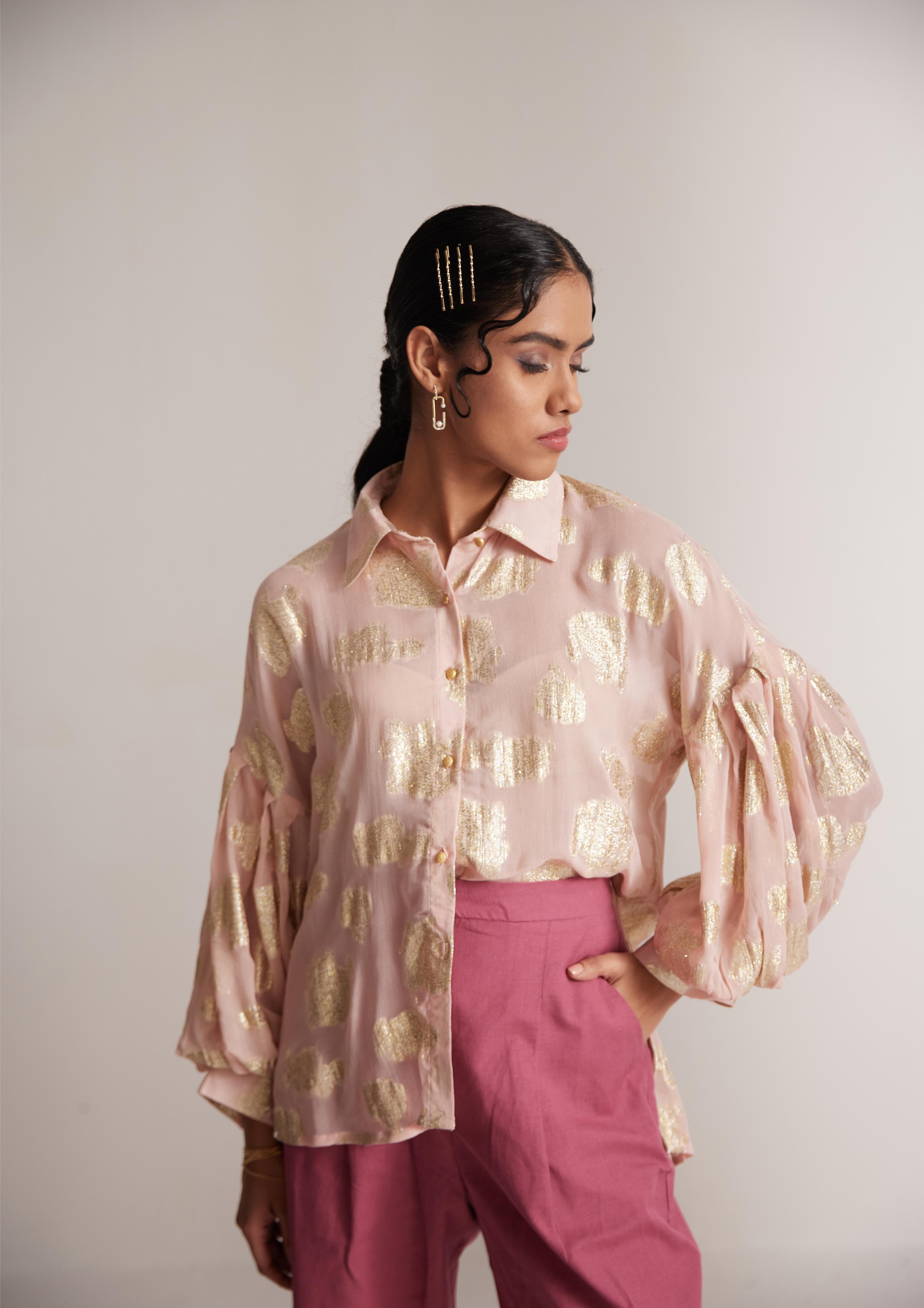 Pink Party Wear Shirt With Balloon Sleeves And Golden Buttons - Western Era  Tops