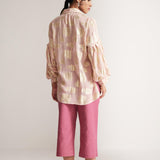 Pink Party Wear Shirt With Balloon Sleeves And Golden Buttons - Western Era  Tops