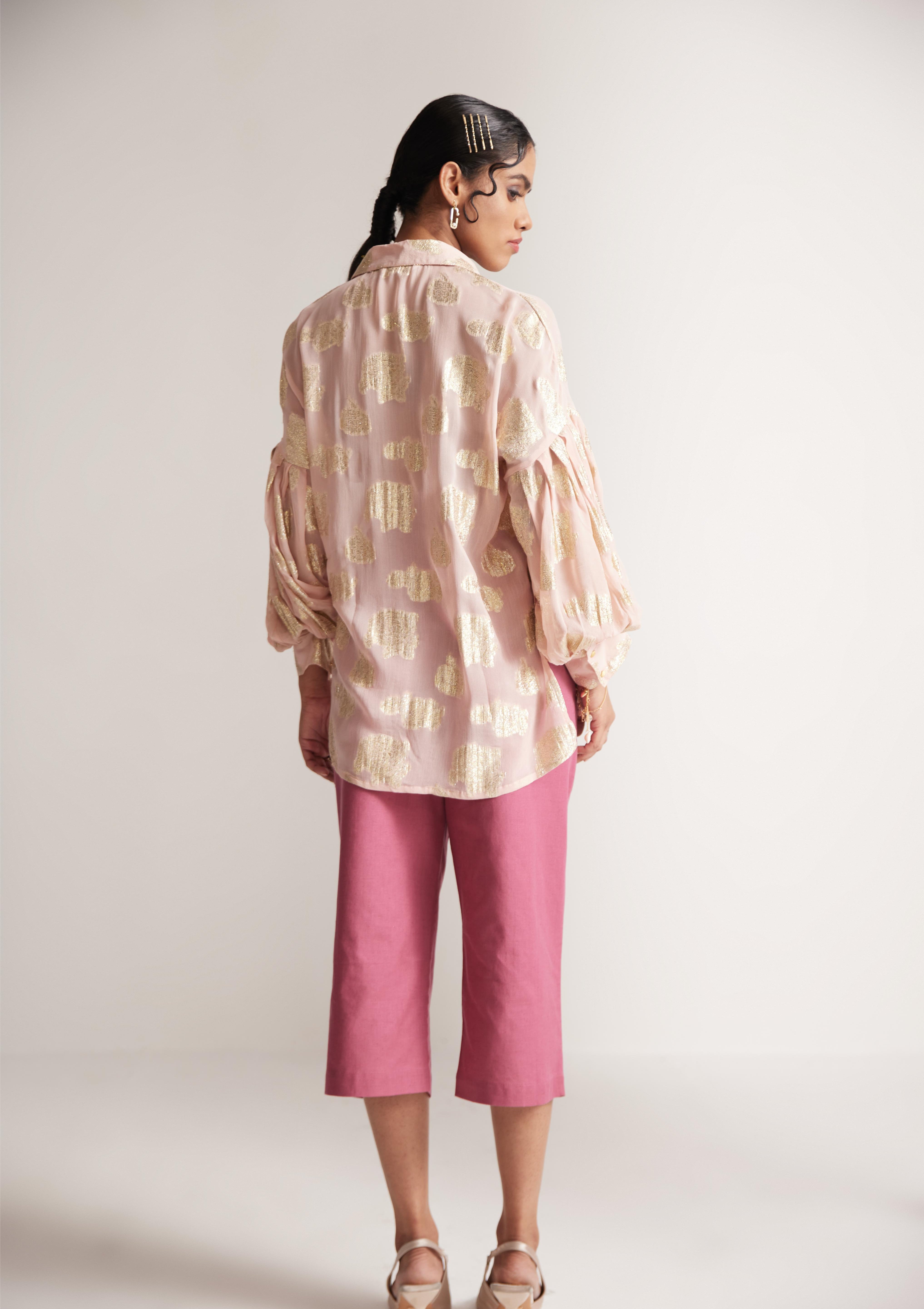 Pink Party Wear Shirt With Balloon Sleeves And Golden Buttons - Western Era  Tops