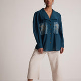 Teal Cotton Shirt with Pleated Cuff and Zari Embroidered patch on Front and Back - Western Era  Embroidery