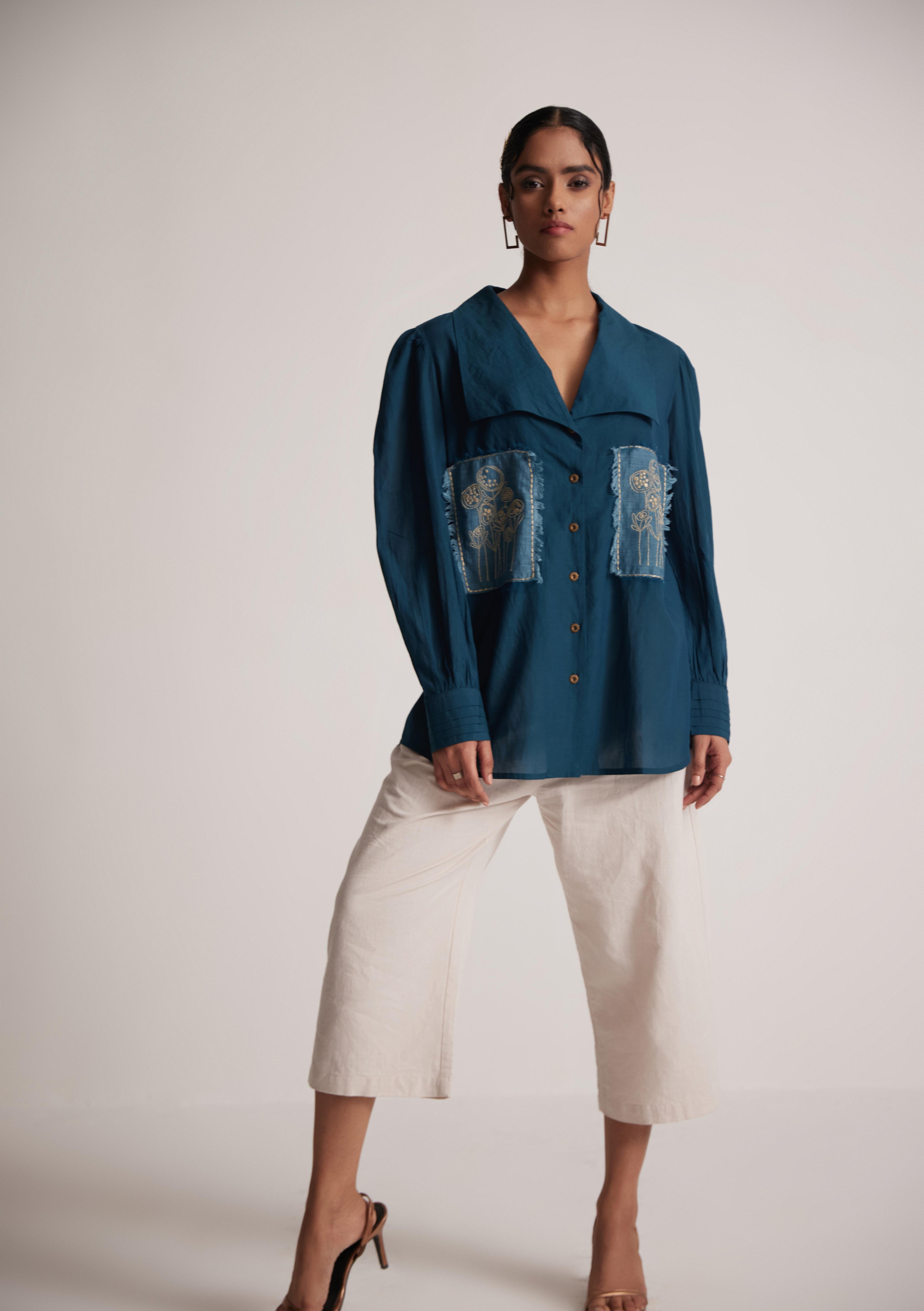 Teal Cotton Shirt with Pleated Cuff and Zari Embroidered patch on Front and Back - Western Era  Embroidery