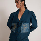 Teal Cotton Shirt with Pleated Cuff and Zari Embroidered patch on Front and Back - Western Era  Embroidery