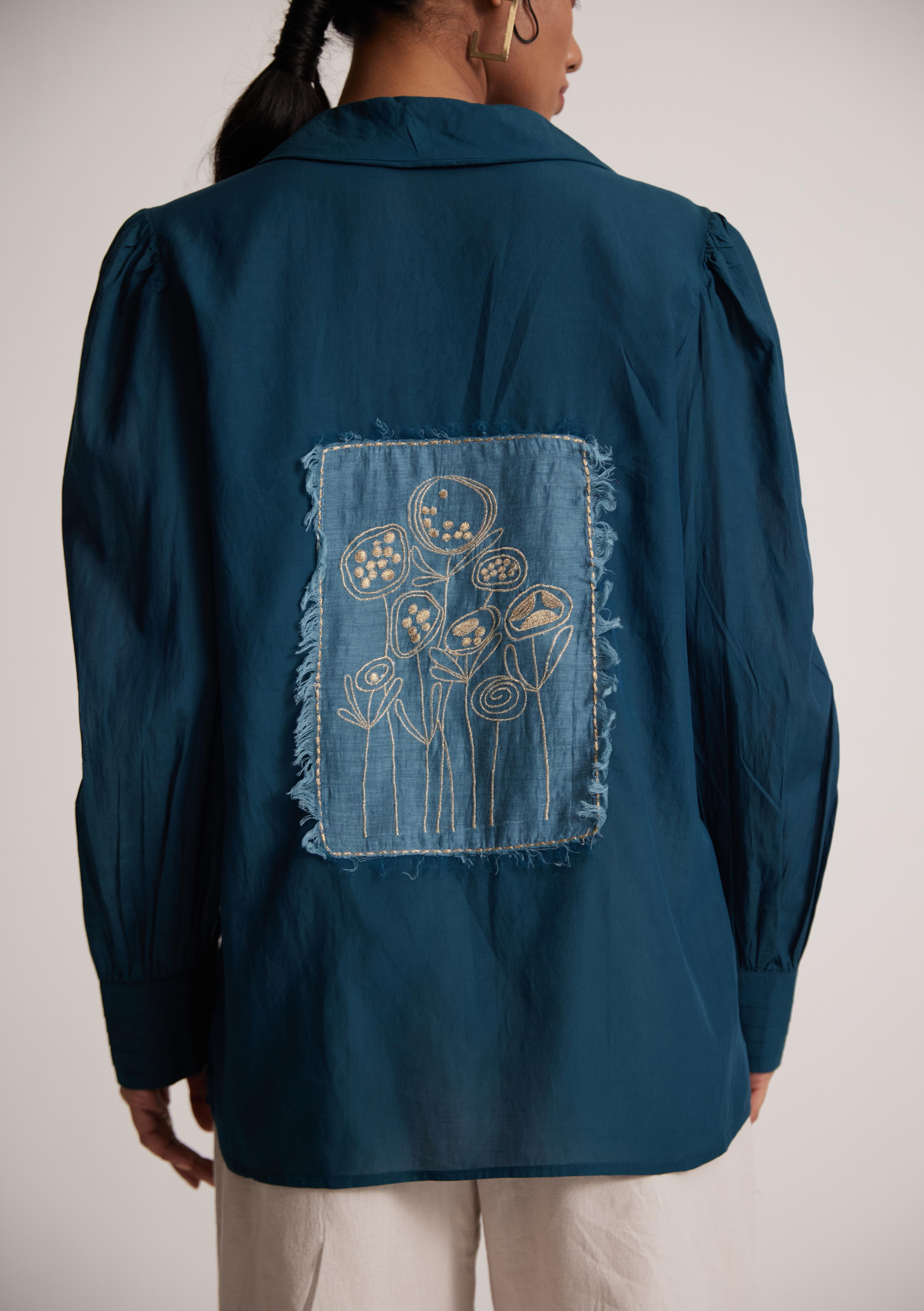 Teal Cotton Shirt with Pleated Cuff and Zari Embroidered patch on Front and Back - Western Era  Embroidery