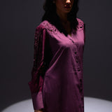 Wine Shirt Dress with Shimmering Embroidered Sleeves