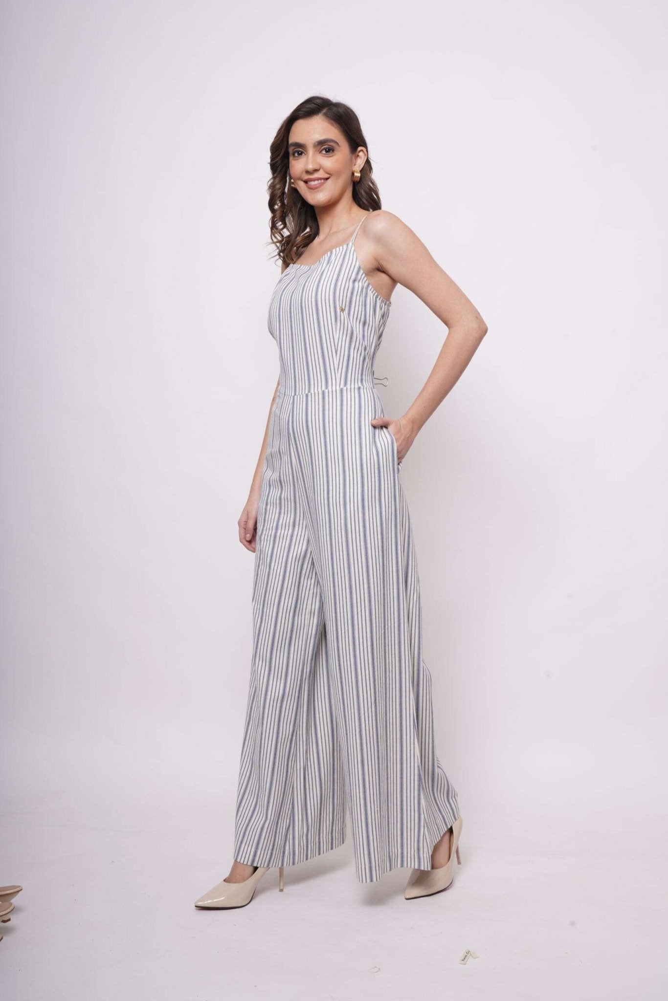 White and Blue Stripe Sleeveless Strappy Jumpsuit - Western Era Jumpsuits for women