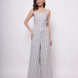 White and Blue Stripe Sleeveless Strappy Jumpsuit - Western Era Jumpsuits for women