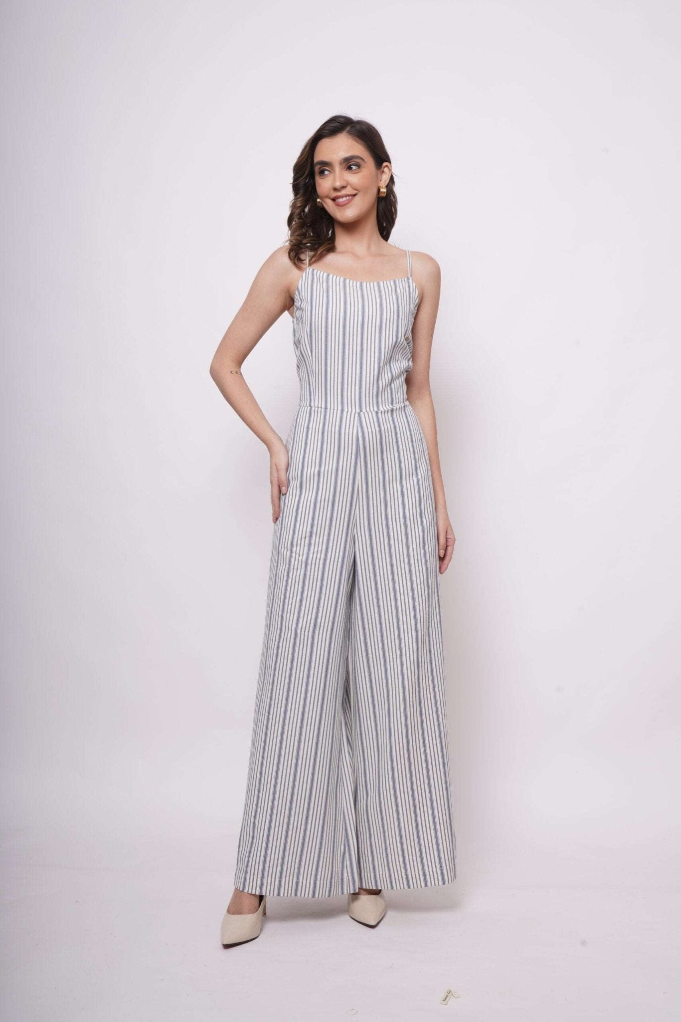 White and Blue Stripe Sleeveless Strappy Jumpsuit - Western Era Jumpsuits for women