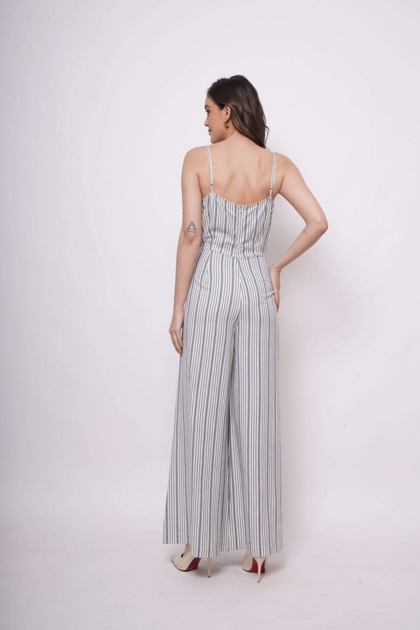 White and Blue Stripe Sleeveless Strappy Jumpsuit - Western Era Jumpsuits for women