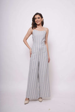White and Blue Stripe Sleeveless Strappy Jumpsuit - Western Era Jumpsuits for women