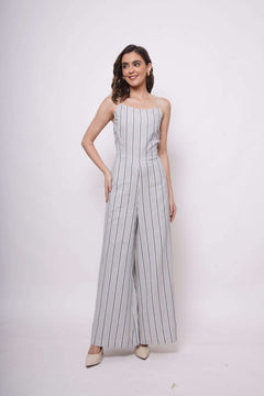 White and Blue Stripe Sleeveless Strappy Jumpsuit