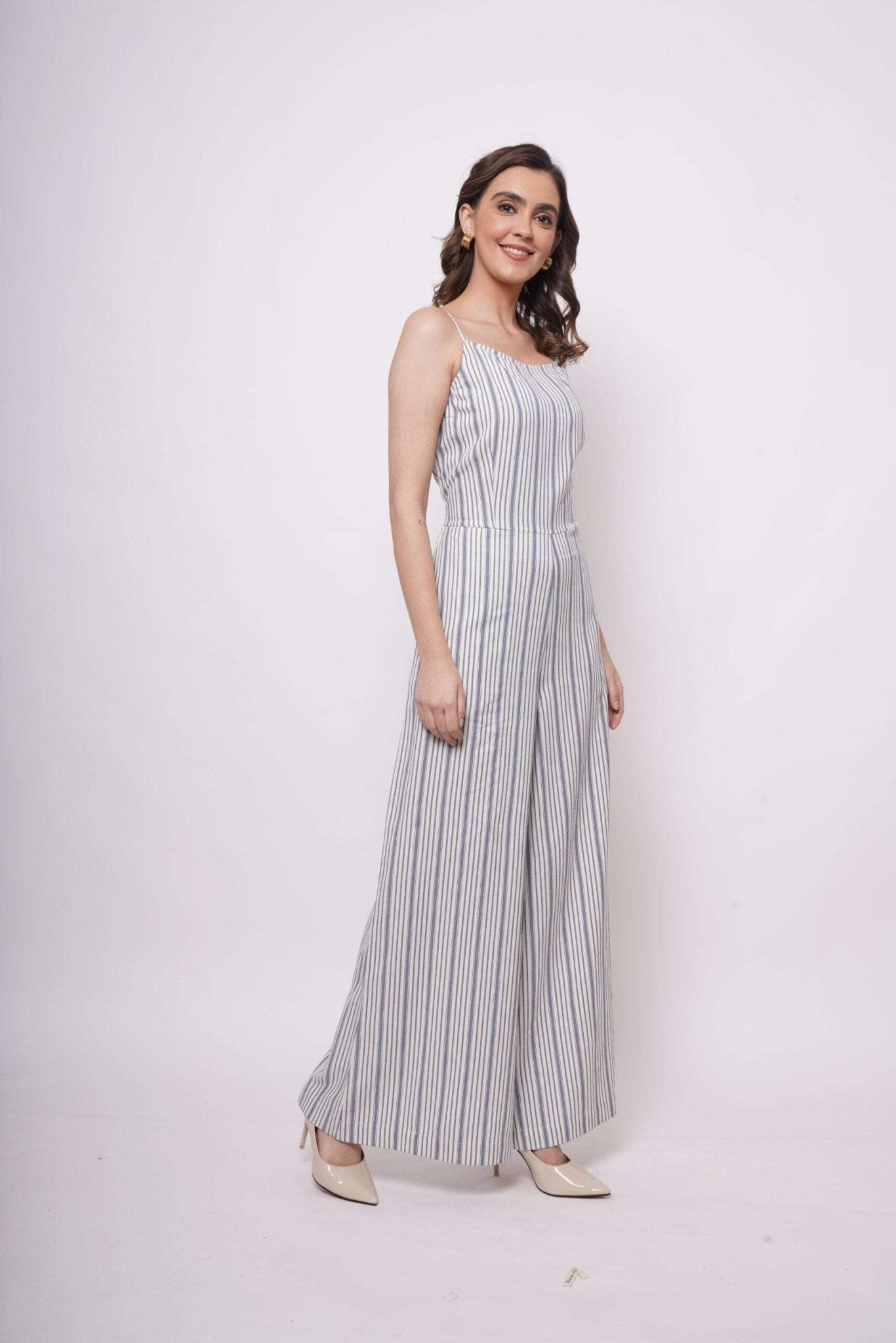 White and Blue Stripe Sleeveless Strappy Jumpsuit - Western Era Jumpsuits for women