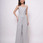 White and Blue Stripe Sleeveless Strappy Jumpsuit - Western Era Jumpsuits for women