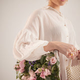 White Balloon Sleeves Face Embroidery Shirt With Rose Stich Button - Western Era Tops for women