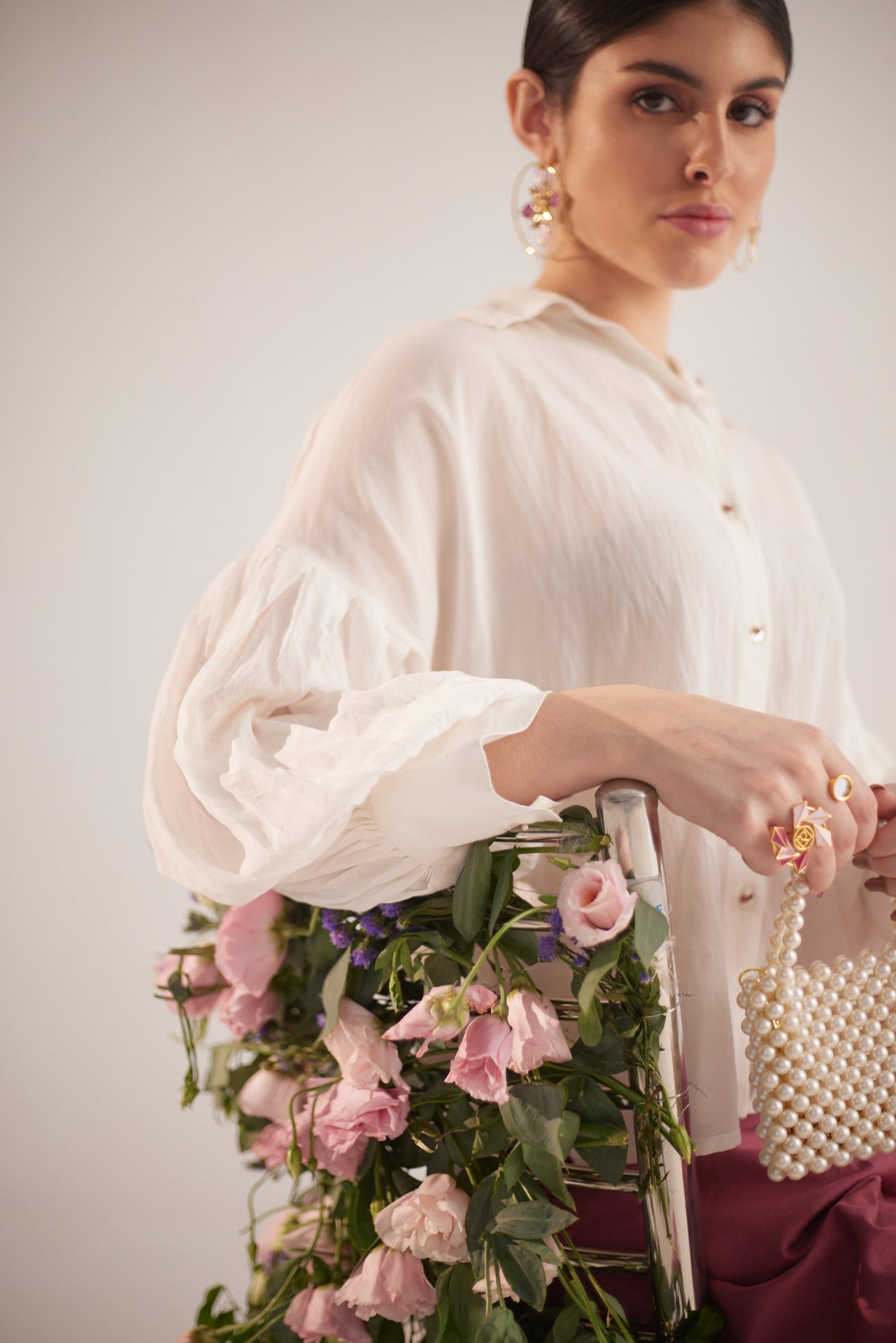 White Balloon Sleeves Face Embroidery Shirt With Rose Stich Button - Western Era Tops for women