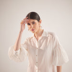 White Balloon Sleeves Face Embroidery Shirt With Rose Stich Button - Western Era Tops for women