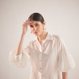 White Balloon Sleeves Face Embroidery Shirt With Rose Stich Button - Western Era Tops for women