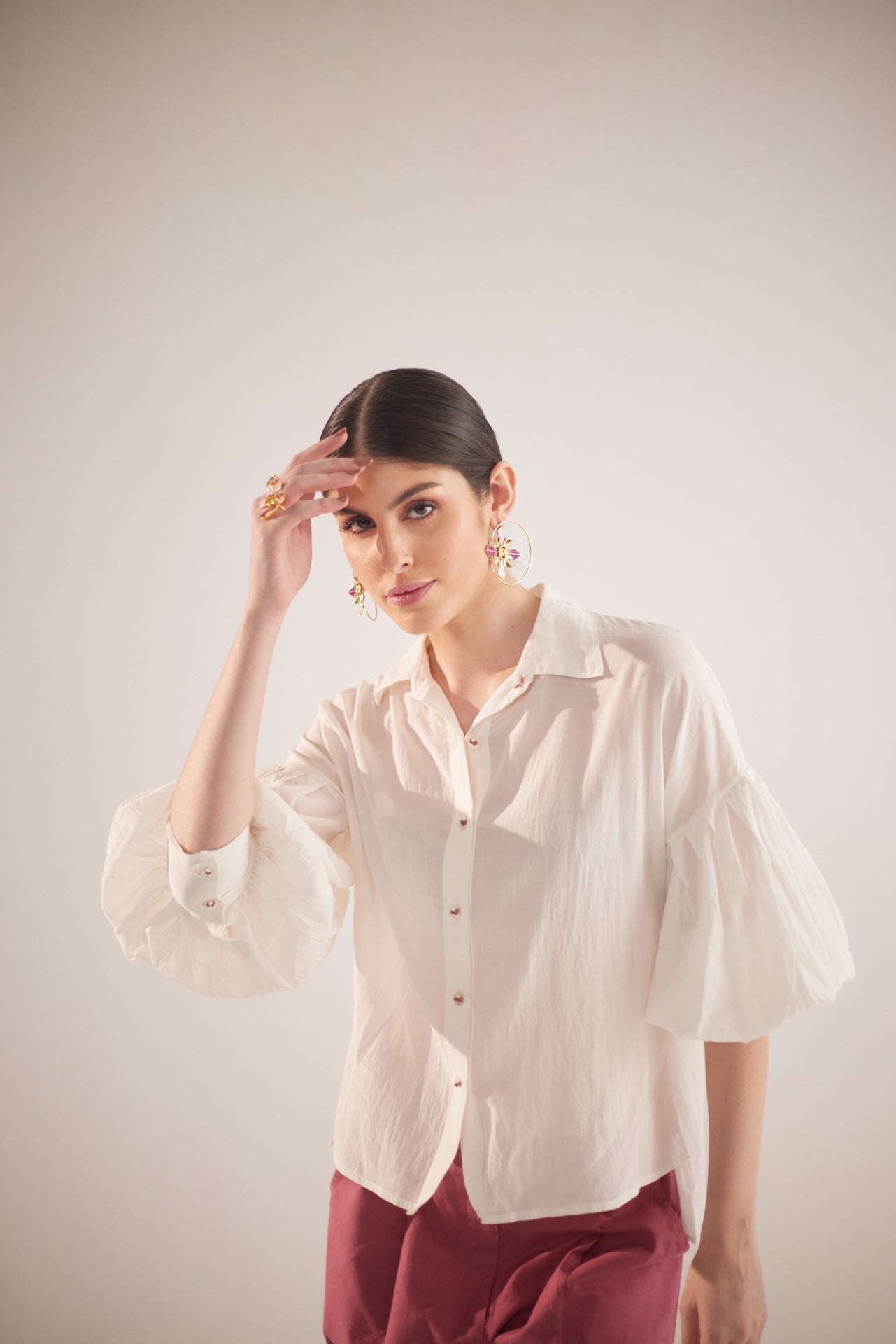 White Balloon Sleeves Face Embroidery Shirt With Rose Stich Button - Western Era Tops for women