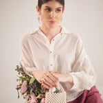 White Balloon Sleeves Face Embroidery Shirt With Rose Stich Button - Western Era Tops for women