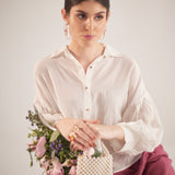 White Balloon Sleeves Face Embroidery Shirt With Rose Stich Button - Western Era Tops for women