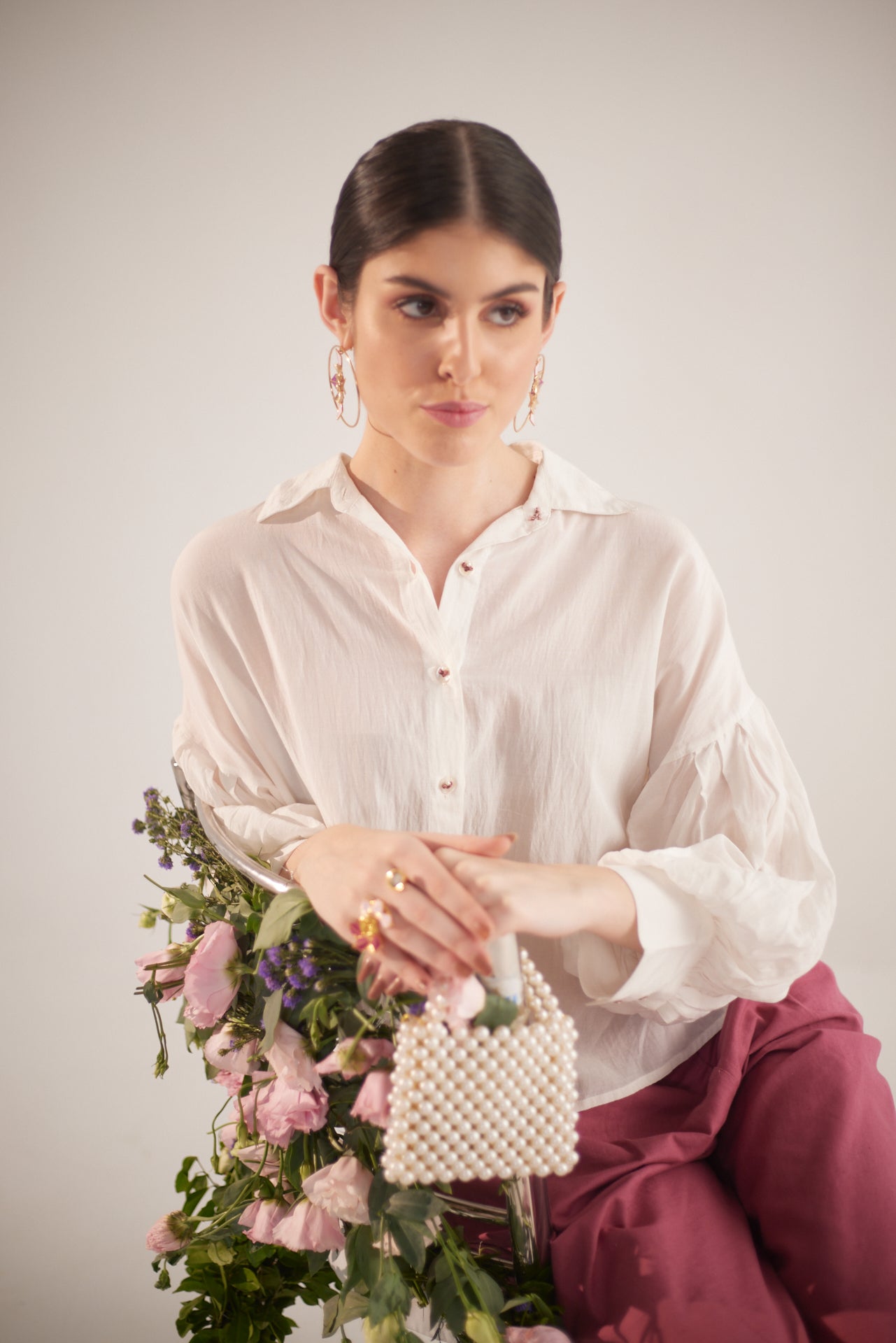 White Balloon Sleeves Face Embroidery Shirt With Rose Stich Button - Western Era Tops for women