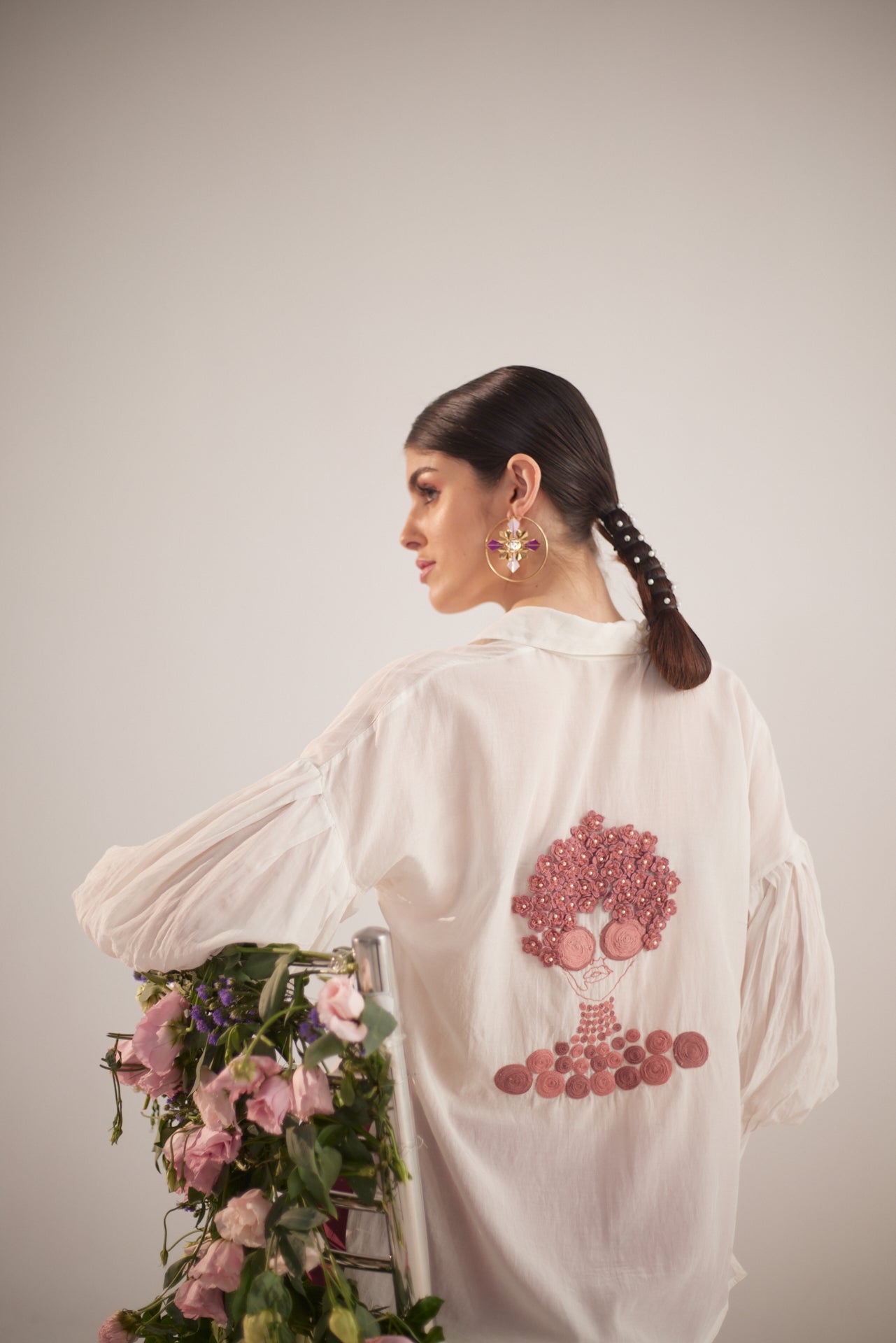 White Balloon Sleeves Face Embroidery Shirt With Rose Stich Button - Western Era Tops for women