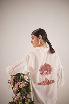White Balloon Sleeves Face Embroidery Shirt With Rose Stich Button - Western Era Tops for women