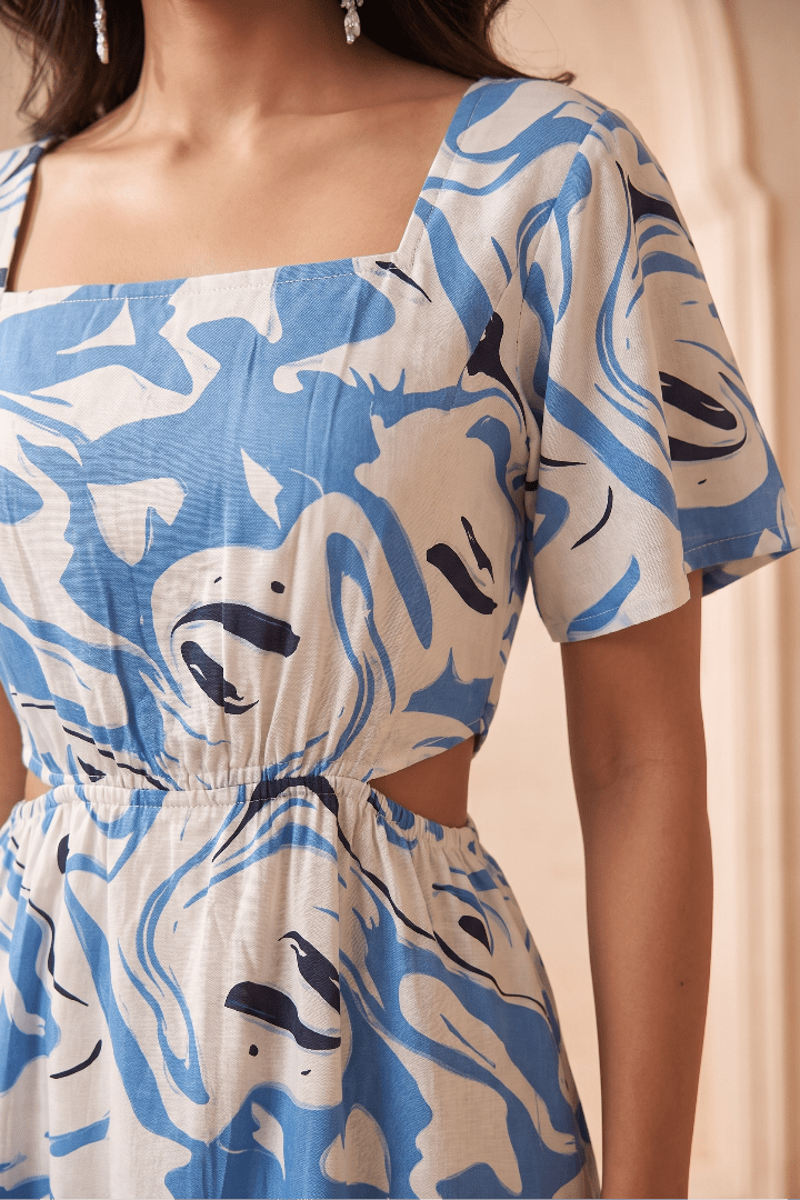 White & Blue Marble Print Inspired Waist Cut Out Dress - Western Era Dresses for women