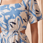 White & Blue Marble Print Inspired Waist Cut Out Dress - Western Era Dresses for women