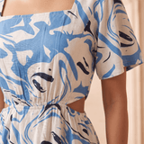 White & Blue Marble Print Inspired Waist Cut Out Dress - Western Era Dresses for women