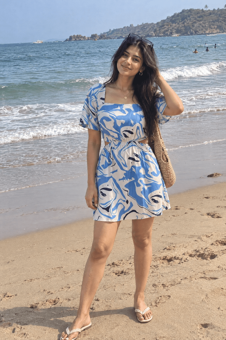 White & Blue Marble Print Inspired Waist Cut Out Dress - Western Era Dresses for women