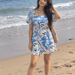 White & Blue Marble Print Inspired Waist Cut Out Dress - Western Era Dresses for women