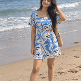 White & Blue Marble Print Inspired Waist Cut Out Dress - Western Era Dresses for women