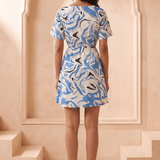 White & Blue Marble Print Inspired Waist Cut Out Dress - Western Era Dresses for women