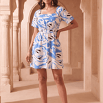 White & Blue Marble Print Inspired Waist Cut Out Dress - Western Era Dresses for women